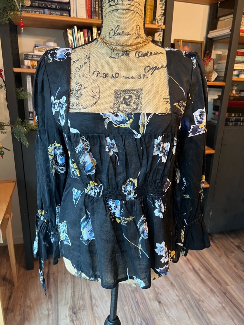 Free People Black Floral Square-Neck Blouse